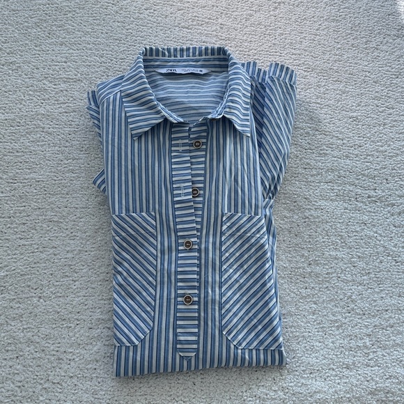 Zara Blue and Cream Striped Mini Dress Ruffle Frill Size Small Oversized - Picture 9 of 9